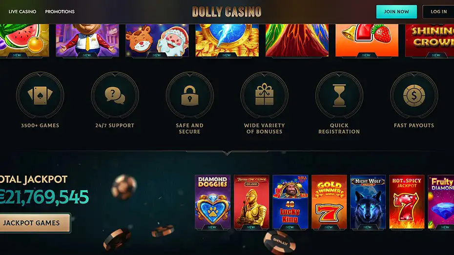 Dolly Casino bonus code and jackpot games section Dolly Casino homepage section with bonuses, jackpot games and trust icons
