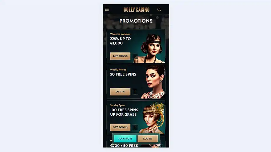 Dolly Casino mobile promotions page with bonus offers