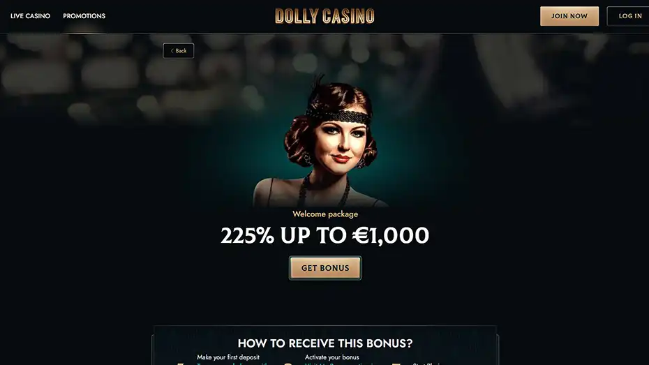 Dolly Casino welcome bonus screen with Get Bonus button