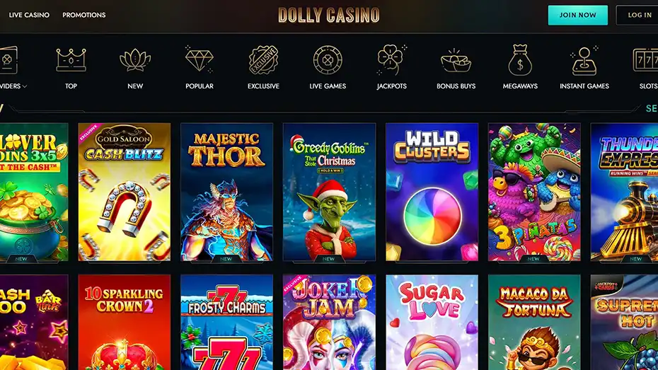 Dolly Casino game lobby and slot categories Dolly Casino game lobby with slot categories and game tiles