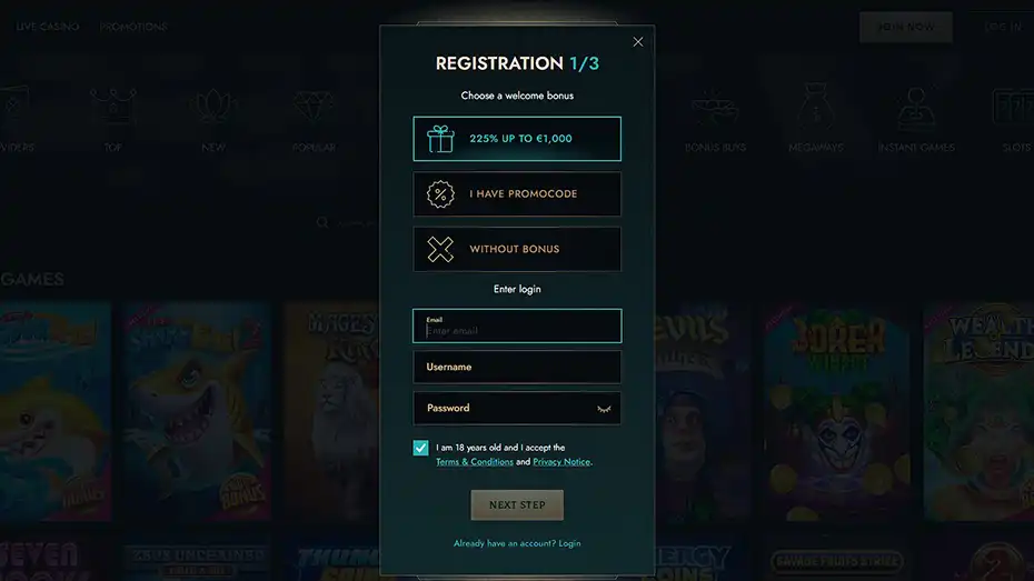 Dolly Casino sign up form with welcome bonus selection